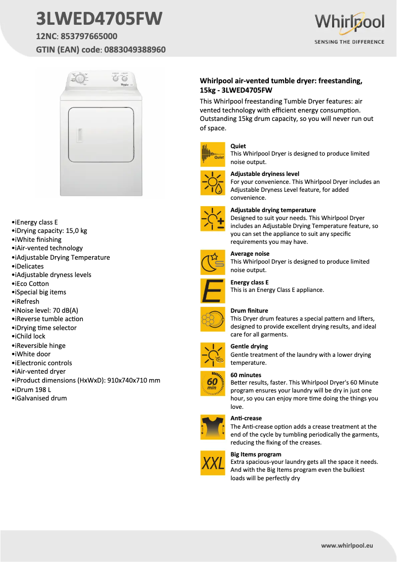 Página 1 del manual Ficha técnica Whirlpool 3LWED4705FW