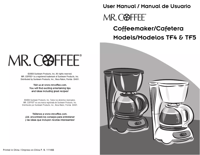 Page 1 de la notice Manuel utilisateur Mr. Coffee TF5