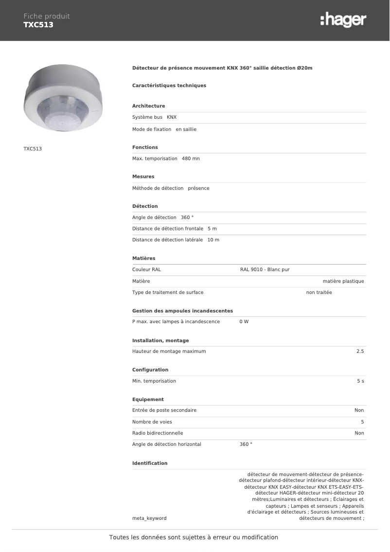 Page 1 de la notice Fiche technique Hager TXC513