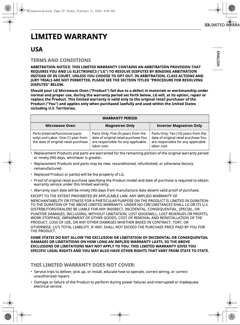 Page 1 of the manual Warranty Information LG MVEL2125F