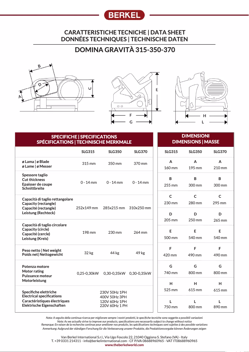 Página 1 del manual Ficha técnica Berkel Domina Gravitá SLG315