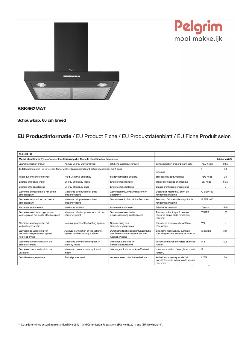 Page 1 de la notice Fiche technique Pelgrim BSK662MAT