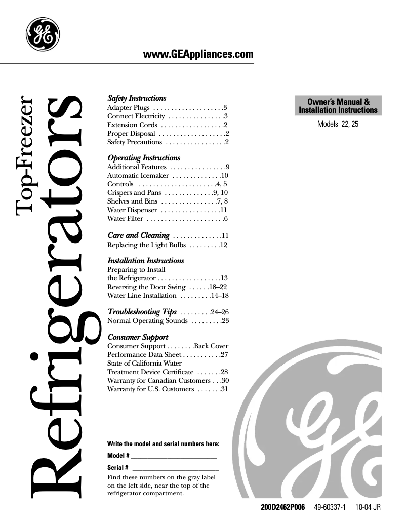 Page 1 de la notice Guide d'installation GE PTS22LCSWW