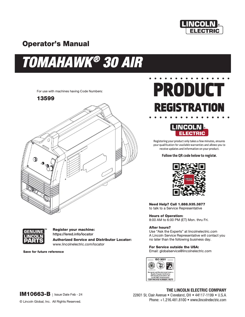 Page 1 de la notice Manuel utilisateur Lincoln Electric TOMAHAWK 30 Air