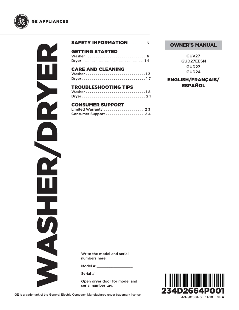 Page n°1 - Manuel d'utilisation et d'entretien GE Spacemaker GUD24ESSJWW