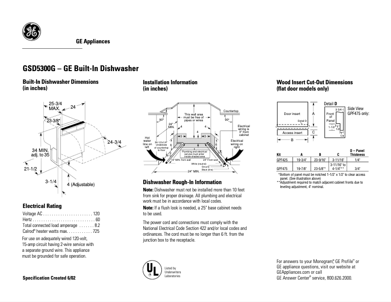 Page n°1 - Fiche technique GE GSD5300GCC