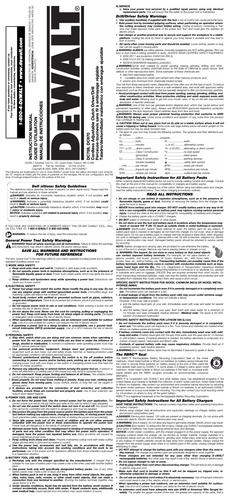 Page 1 de la notice Manuel utilisateur DeWalt DC970