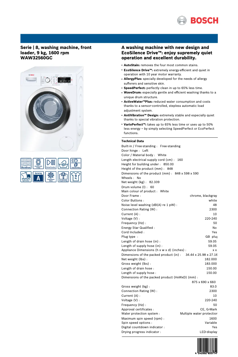 Página 1 del manual Ficha técnica Bosch WAW32560GC