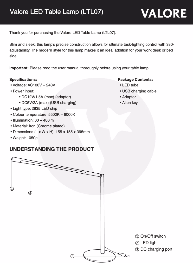 Page 1 de la notice Manuel utilisateur Valore LTL07