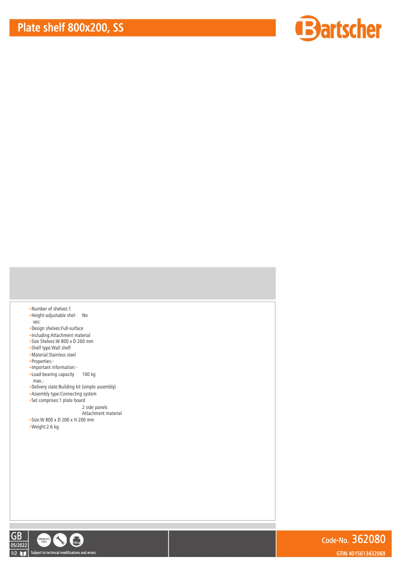 Page 1 de la notice Fiche technique Bartscher 362080