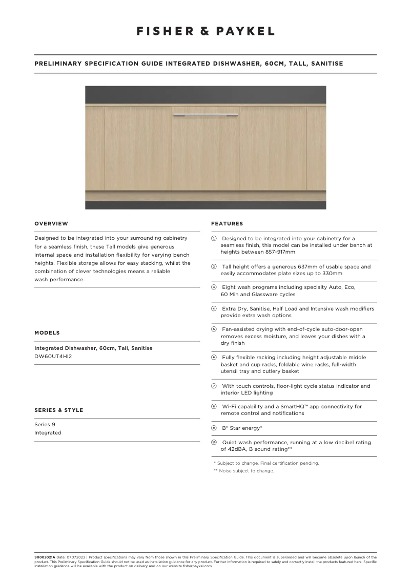 Page 1 de la notice Fiche technique Fisher & Paykel DW60UT4HI2