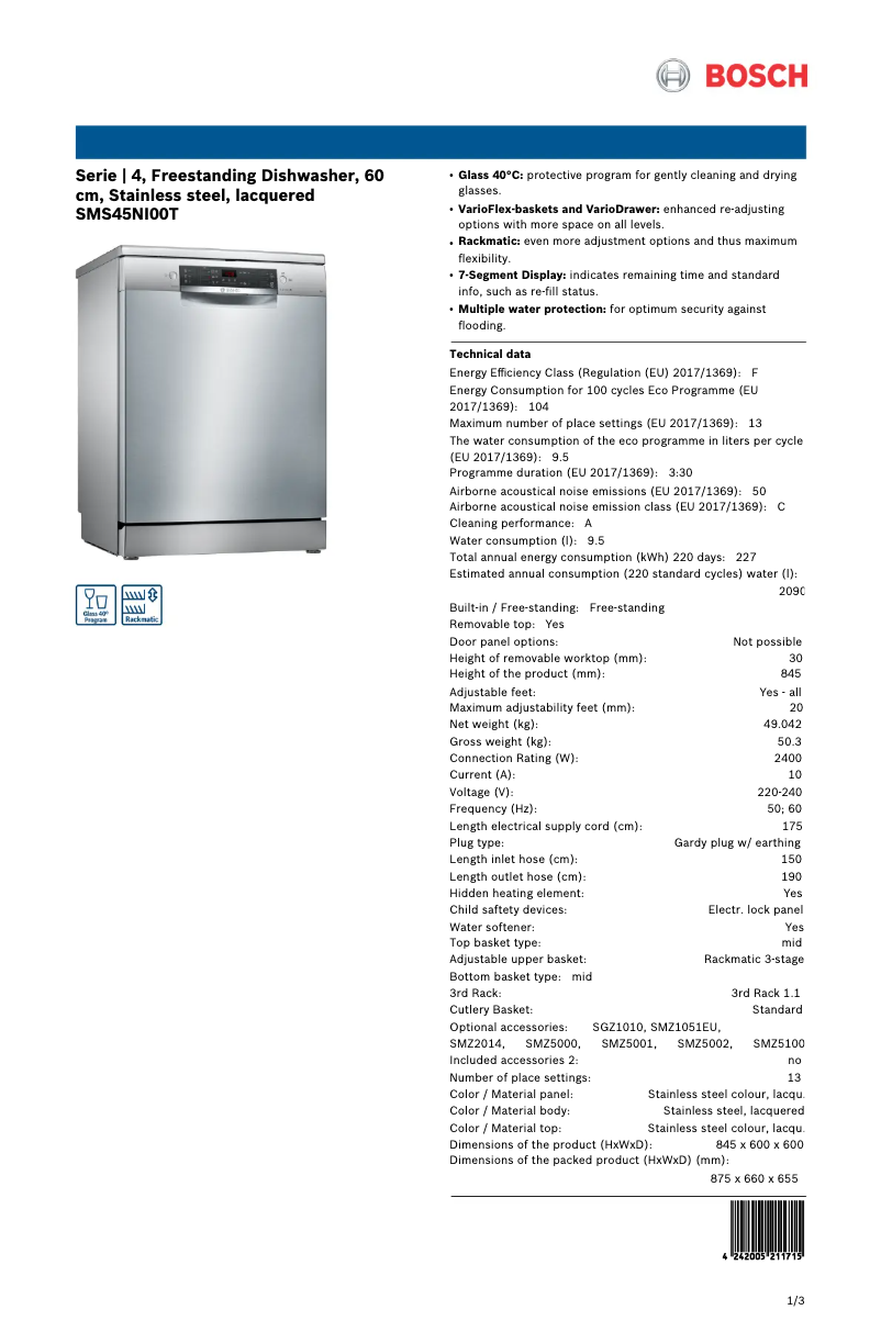 Page 1 of the manual Technical Sheet Bosch SMS45NI00T