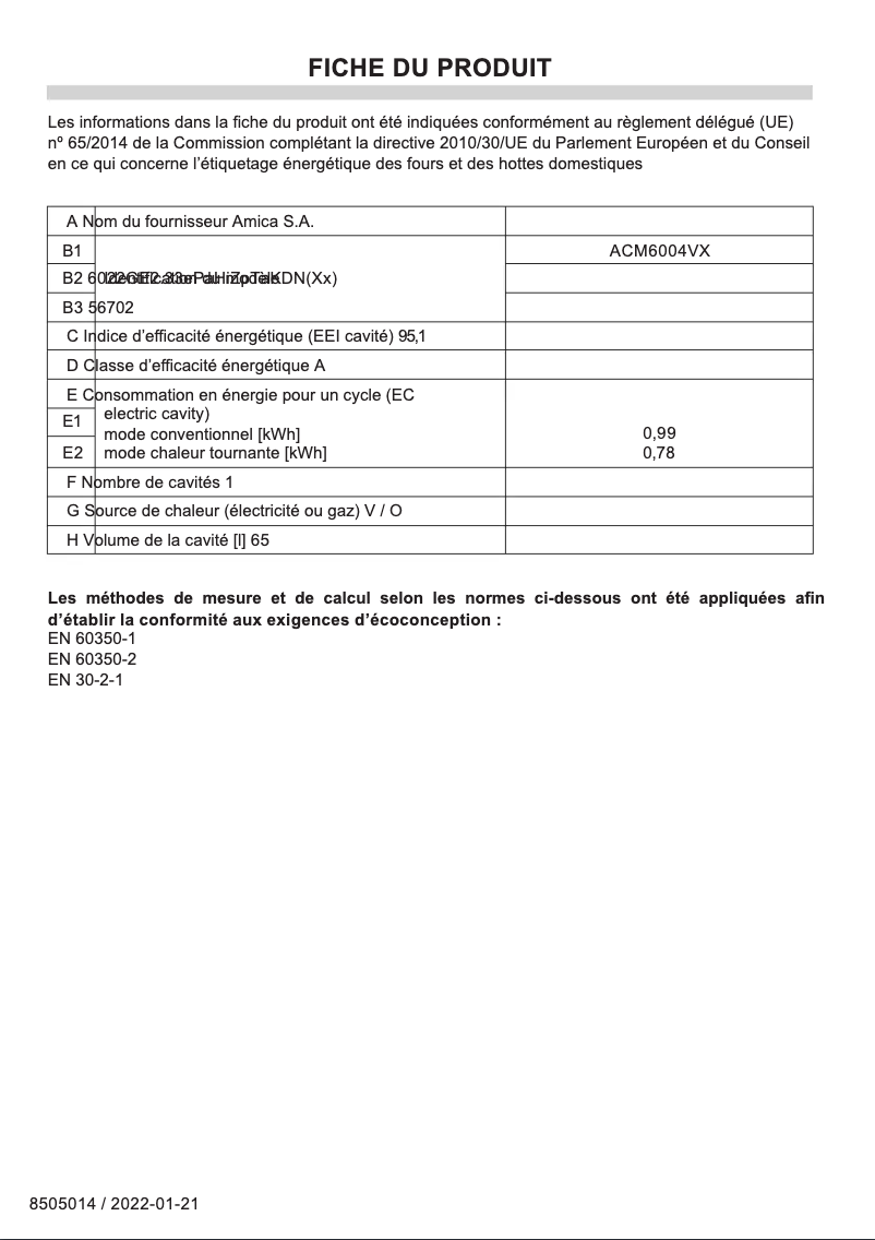 Page 1 de la notice Fiche technique Amica ACM6004VX
