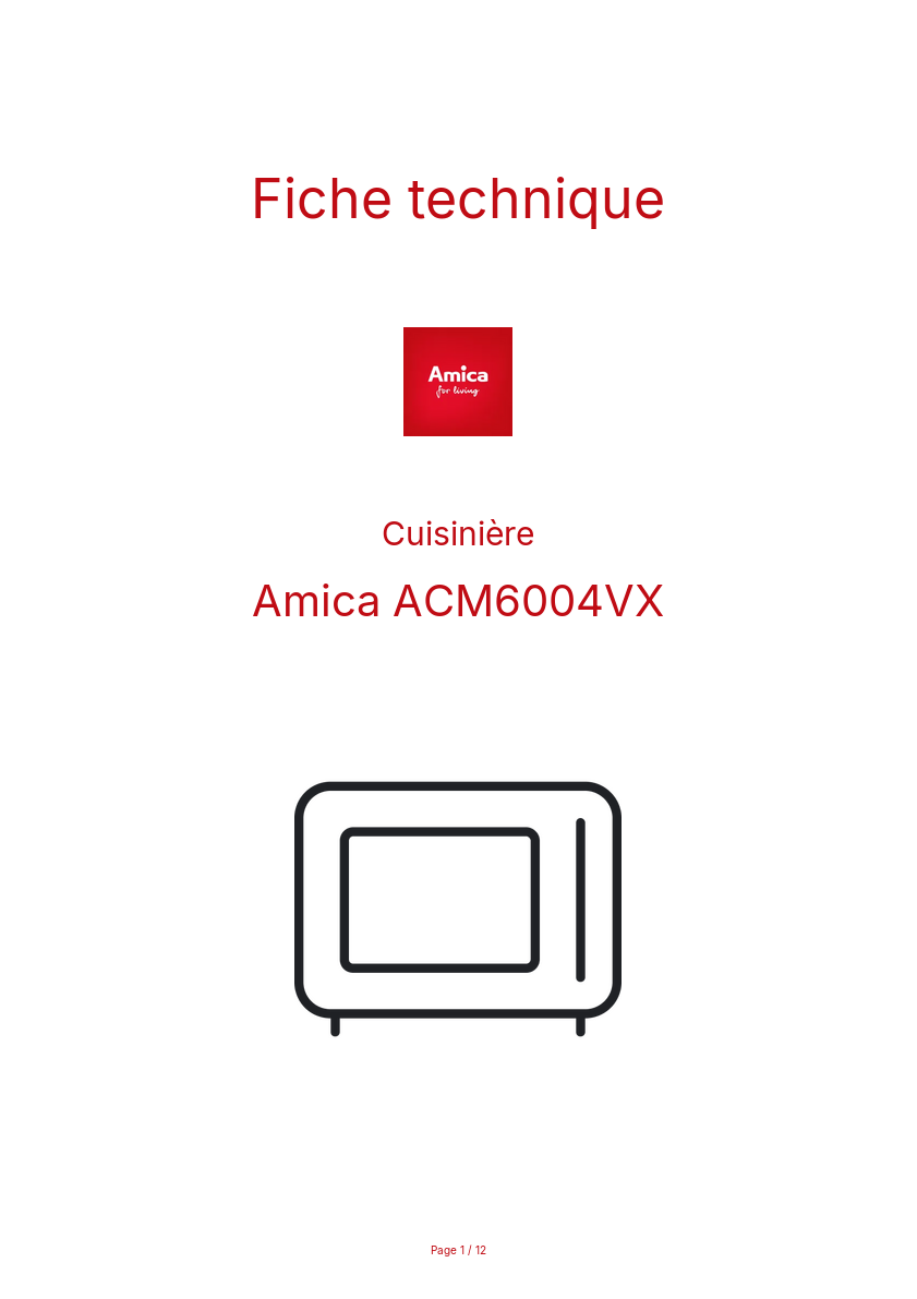 Page 1 de la notice Fiche technique Amica ACM6004VX