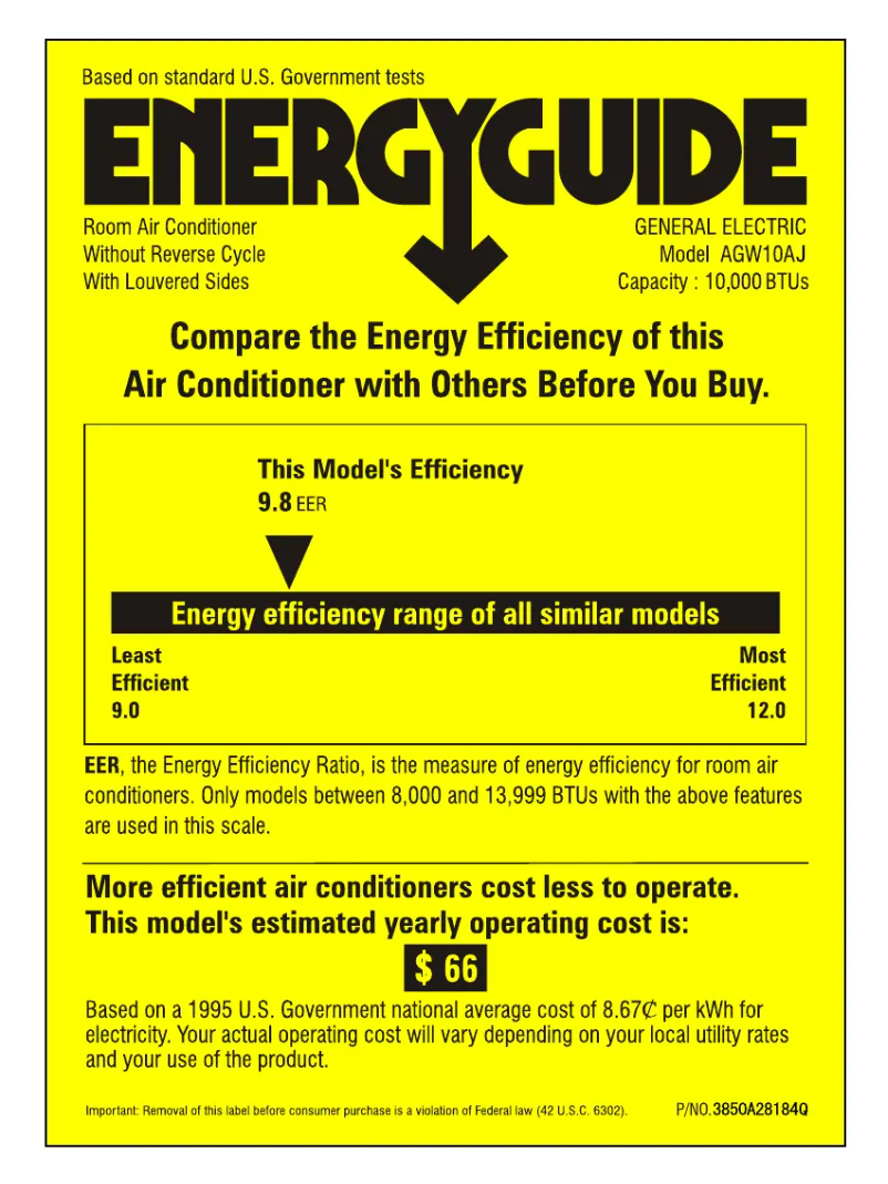 Page 1 de la notice Label énergétique GE AGW10AJ