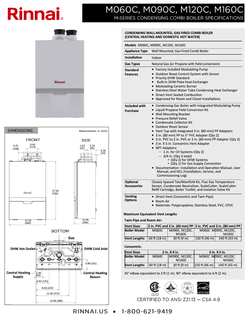 Page 1 de la notice Fiche technique Rinnai M060CN