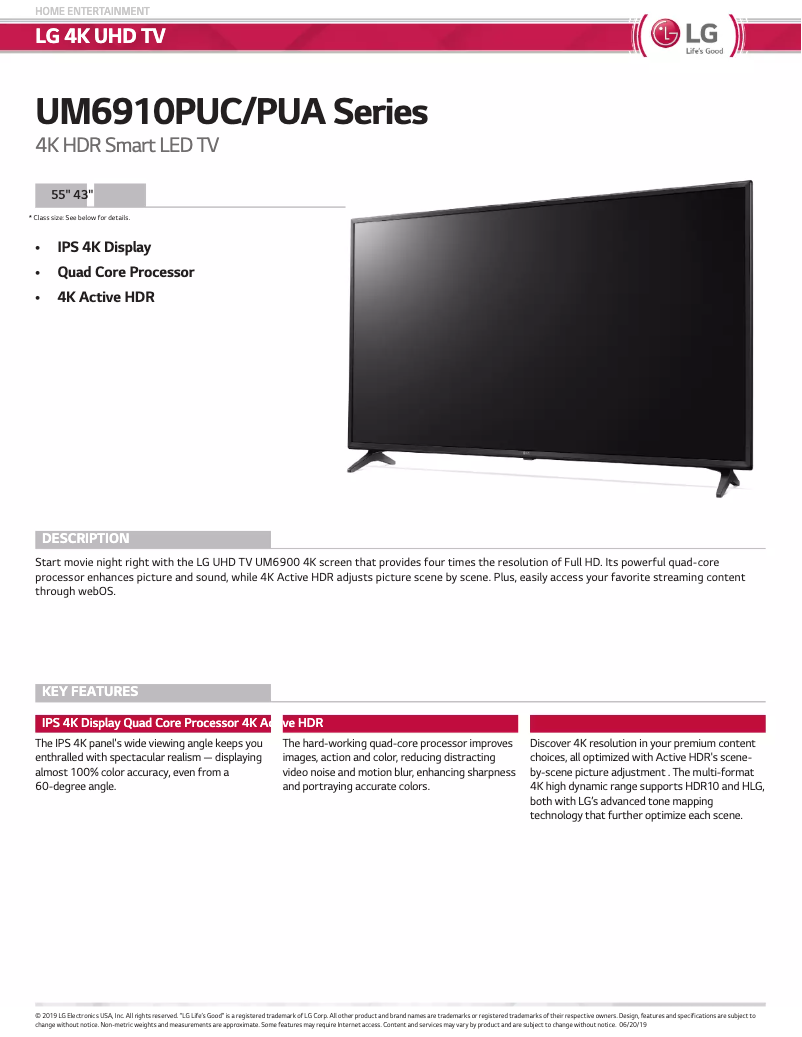 Page 1 of the manual Technical Sheet LG 55UM6910PUC