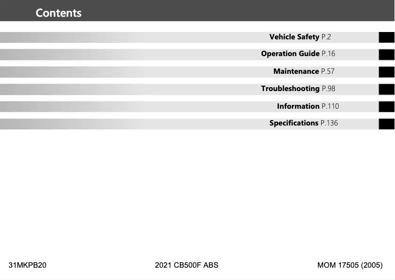 Image de la première page du manuel de l'appareil CB500F (2021)