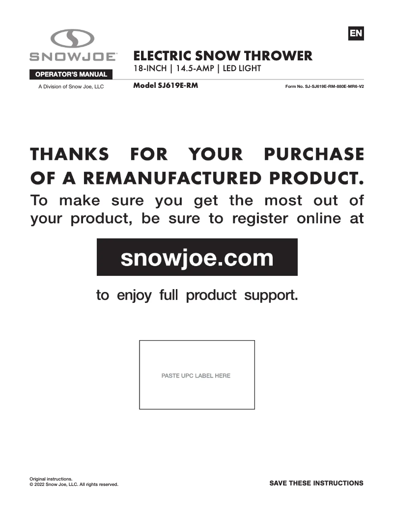 Page 1 de la notice Manuel utilisateur Snow Joe SJ619E-RM