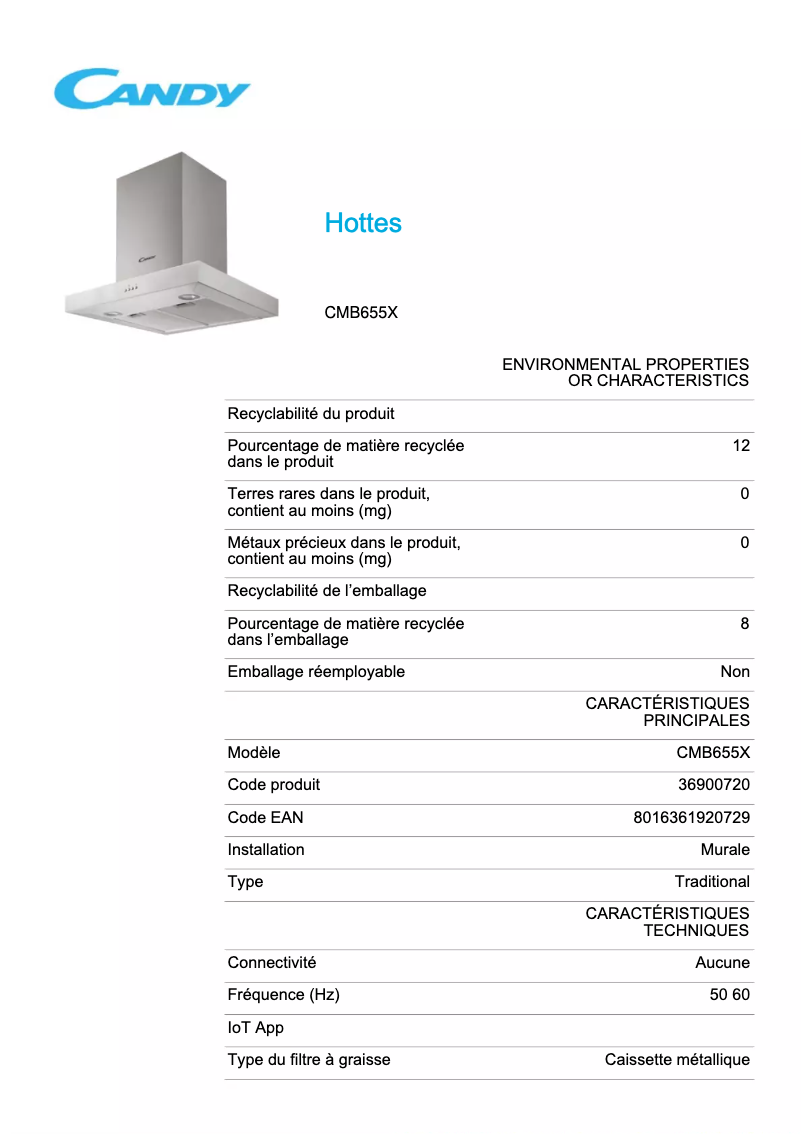 Page 1 of the manual Technical Sheet Candy CMB655X