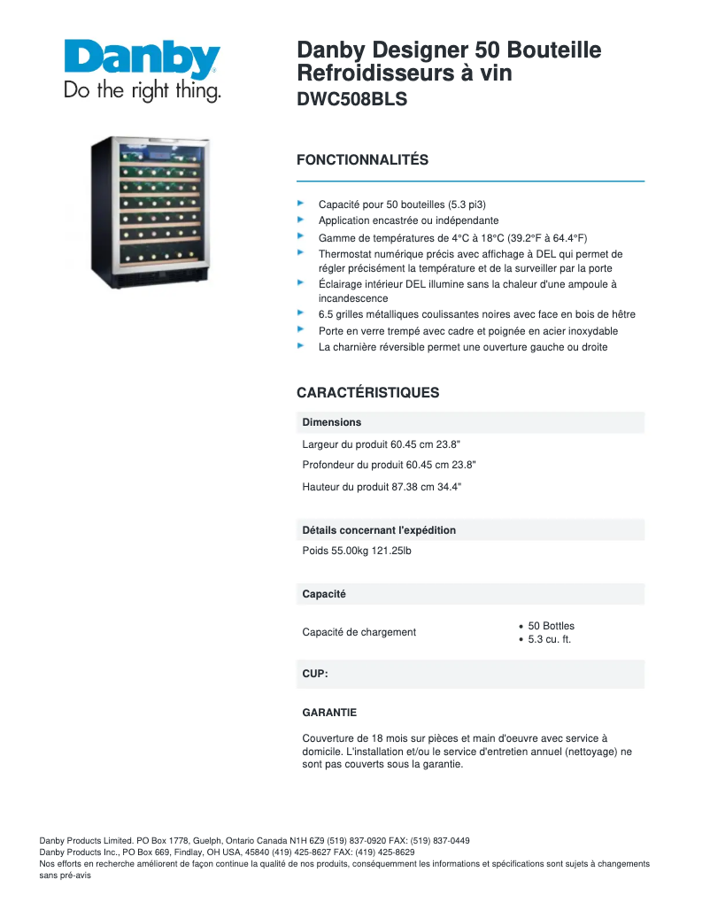 Page 1 de la notice Fiche technique Danby DWC508BLS