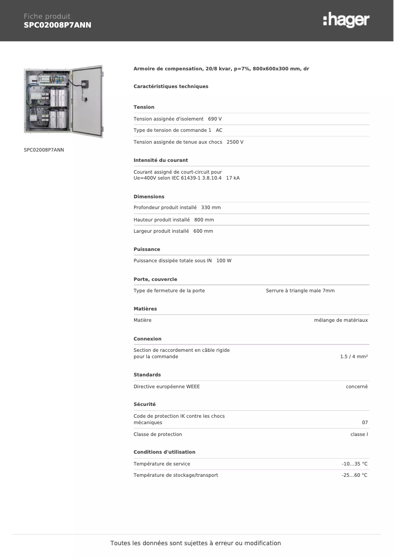 Page 1 de la notice Fiche technique Hager SPC02008P7ANN