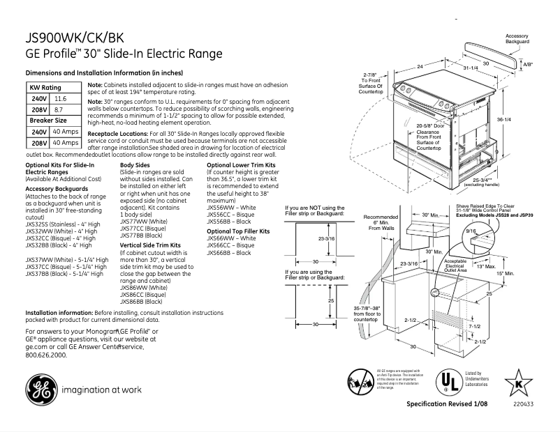 Page 1 of the manual Technical Sheet GE Profile JS900WKWW