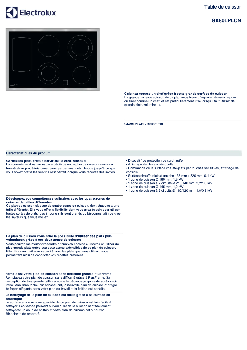 Page 1 de la notice Fiche technique Electrolux GK80LPLCN