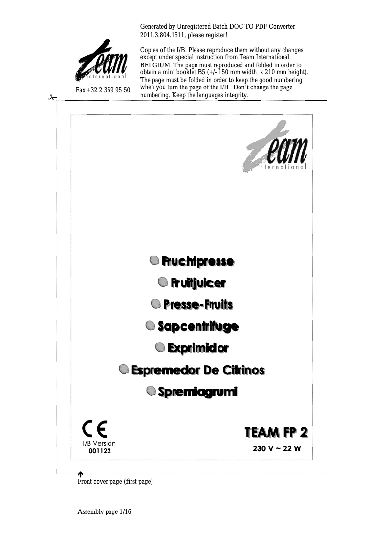 Page 1 de la notice Manuel utilisateur Team FP 2