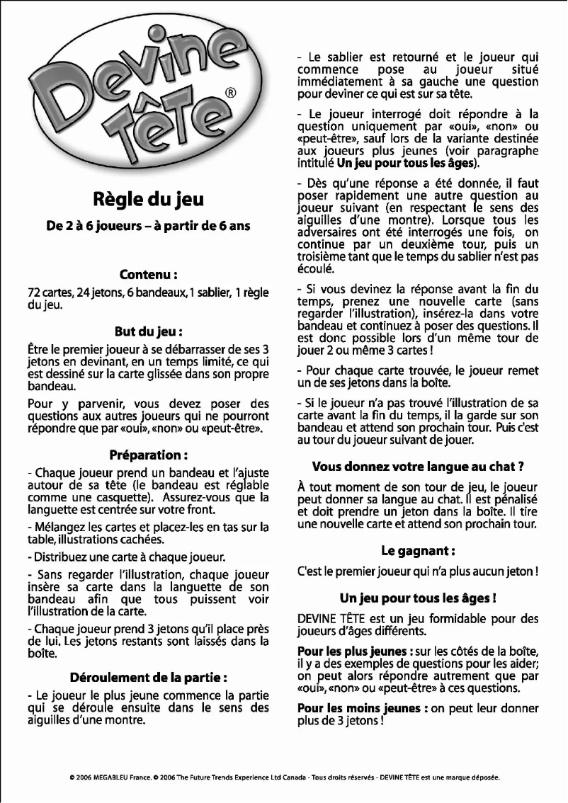Page 1 de la notice Manuel utilisateur MEGABLEU Devine Tête Nomade