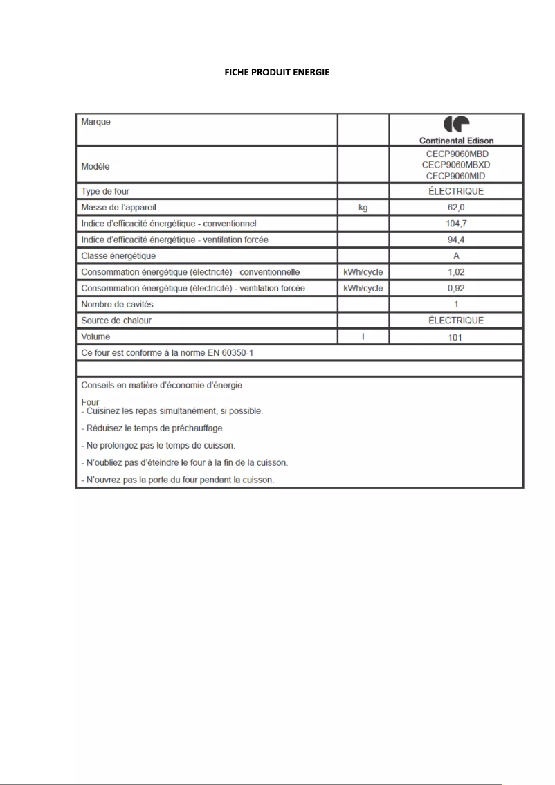 Page 1 de la notice Label énergétique Continental Edison CECP9060MBD