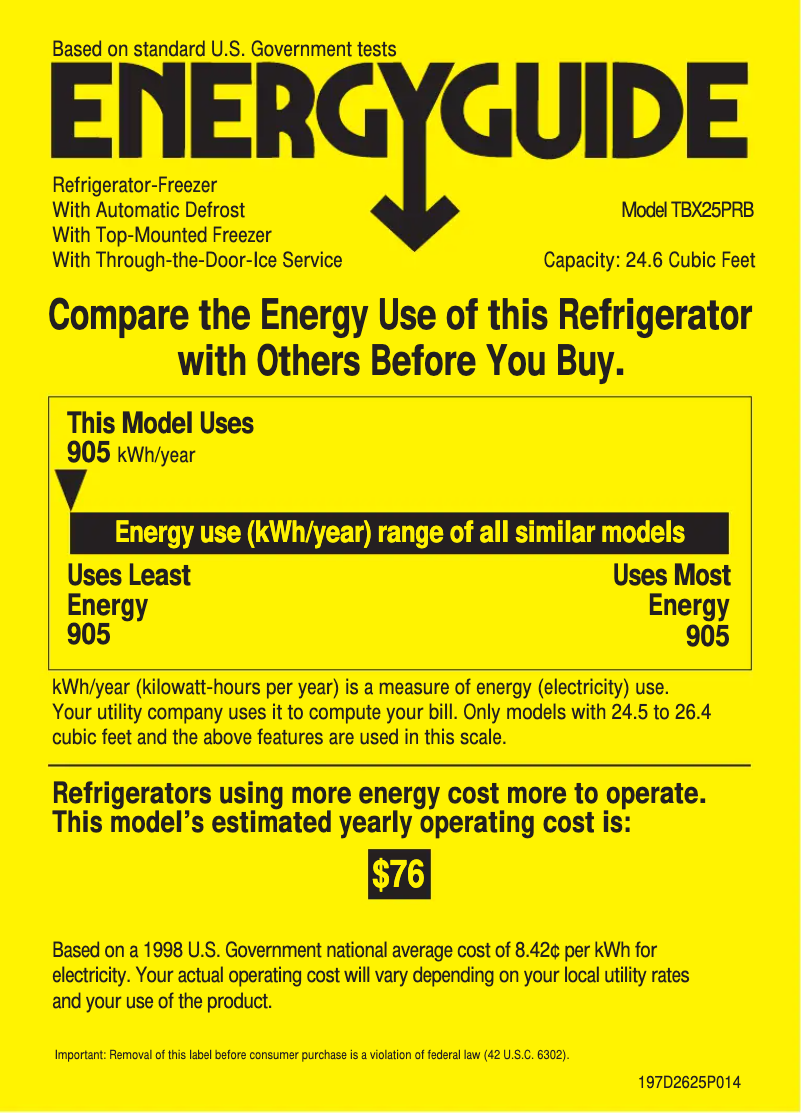 Page 1 de la notice Label énergétique GE Profile TBX25PRBRAA
