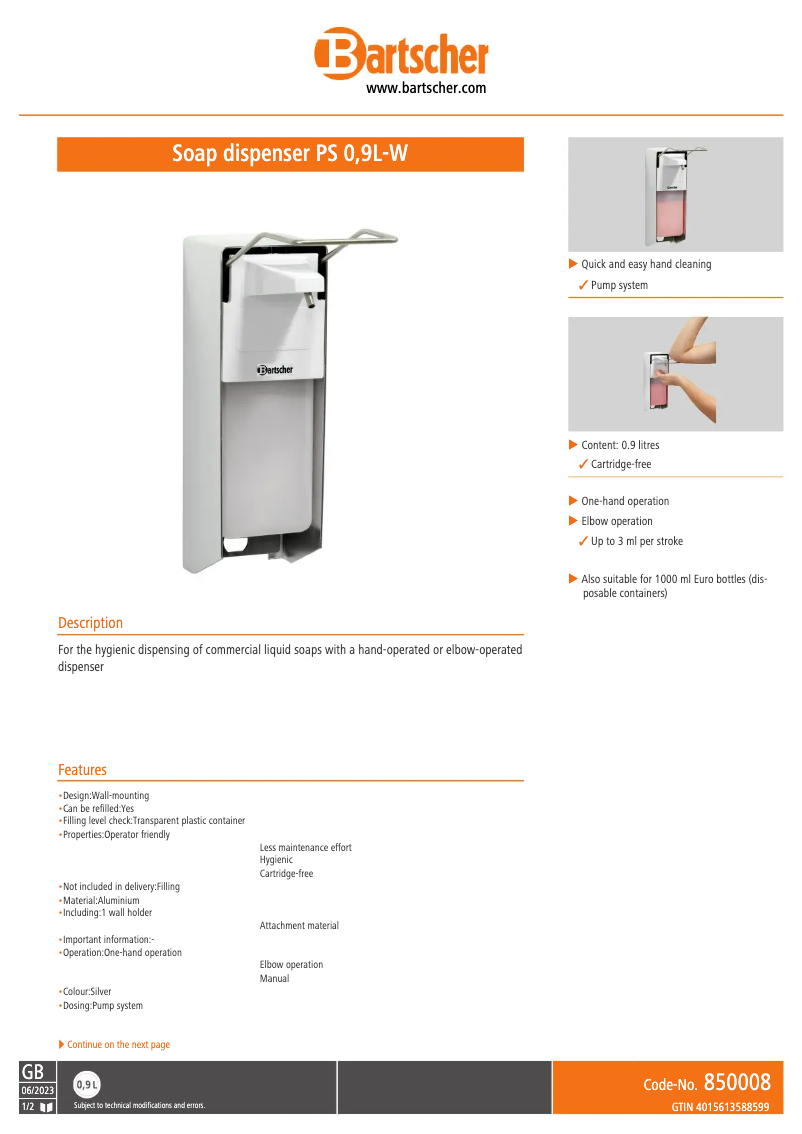 Página 1 del manual Ficha técnica Bartscher 850008