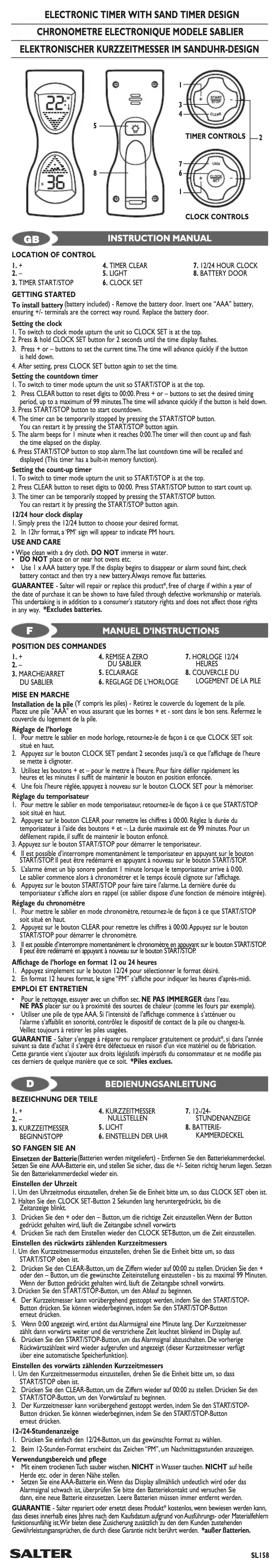 Page 1 de la notice Manuel utilisateur Salter SL158