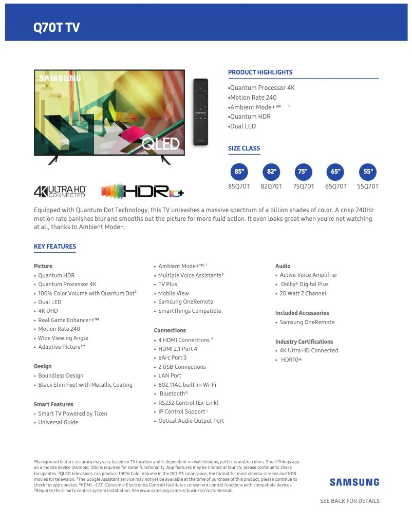 Page 1 de la notice Fiche technique Samsung QN65Q70TAFXZA