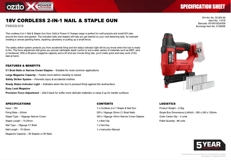 Page 1 de la notice Fiche technique Ozito PXNGS-018
