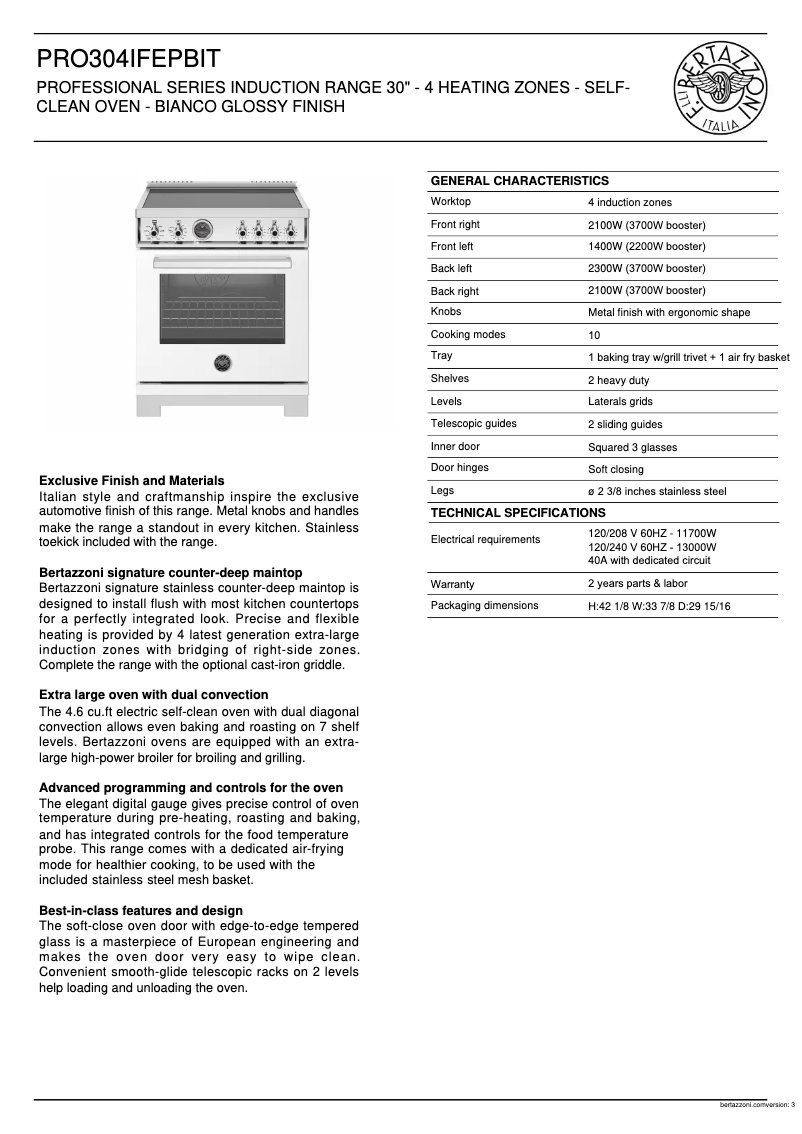 Page 1 de la notice Fiche technique Bertazzoni PRO304IFEPBIT
