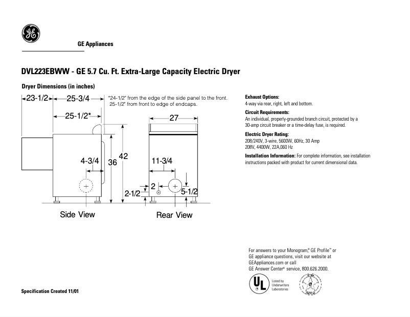 Page 1 of the manual Technical Sheet GE DVL223EBCC