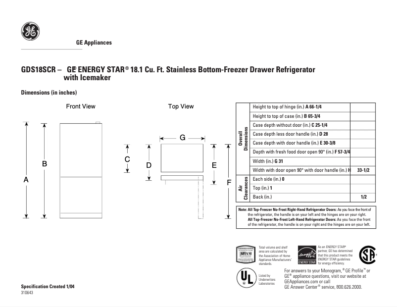 Page 1 de la notice Fiche technique GE GDS18SCRLSS