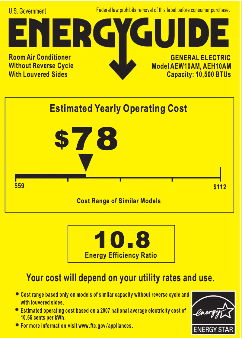 Página 1 del manual Etiqueta energética GE AEW10AM