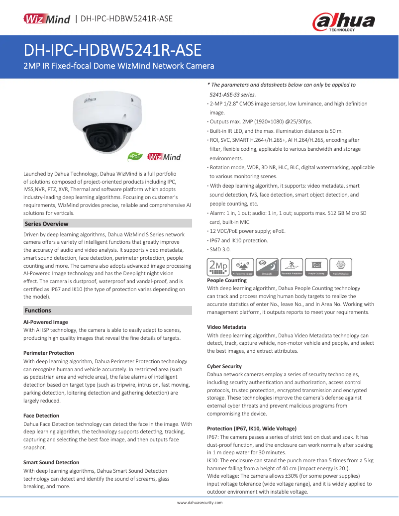Page 1 de la notice Fiche technique Dahua Technology IPC-HDBW5241R-ASE