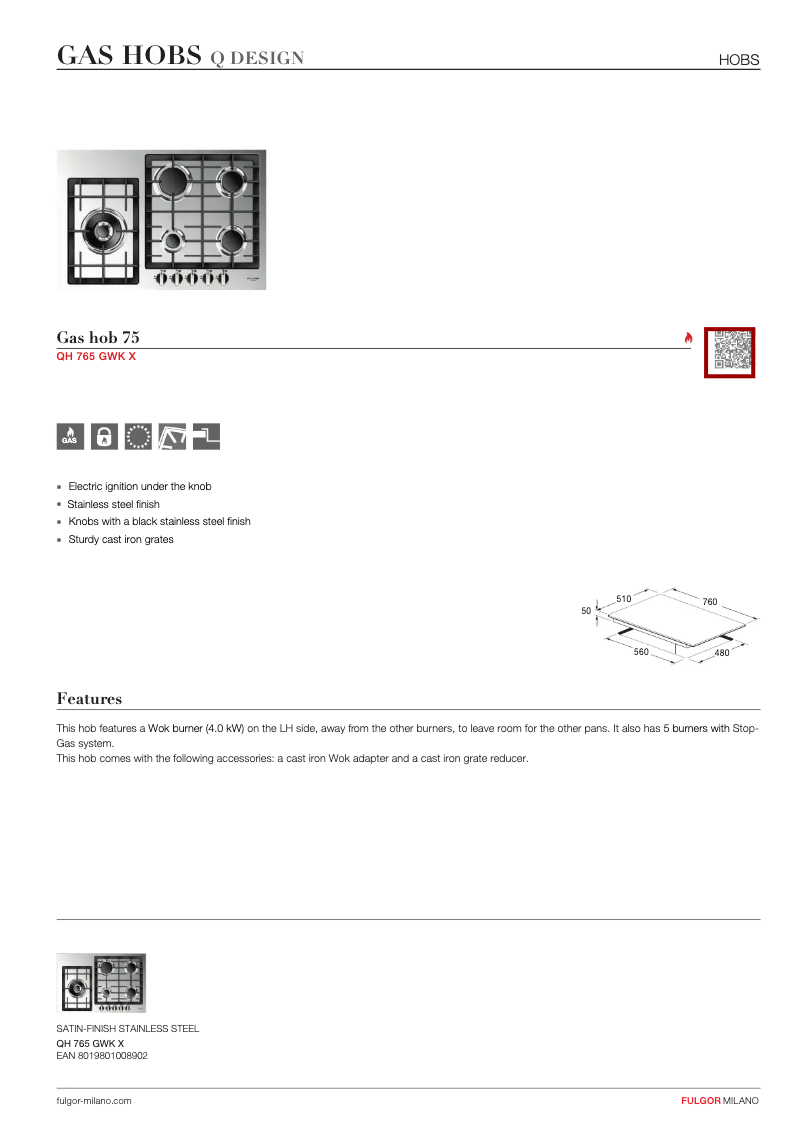 Page 1 de la notice Fiche technique Fulgor Milano QH 765 GWK
