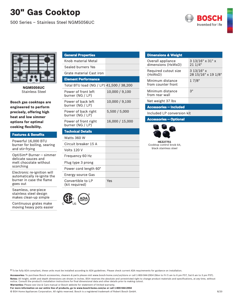 Page 1 of the manual Technical Sheet Bosch NGM5056UC