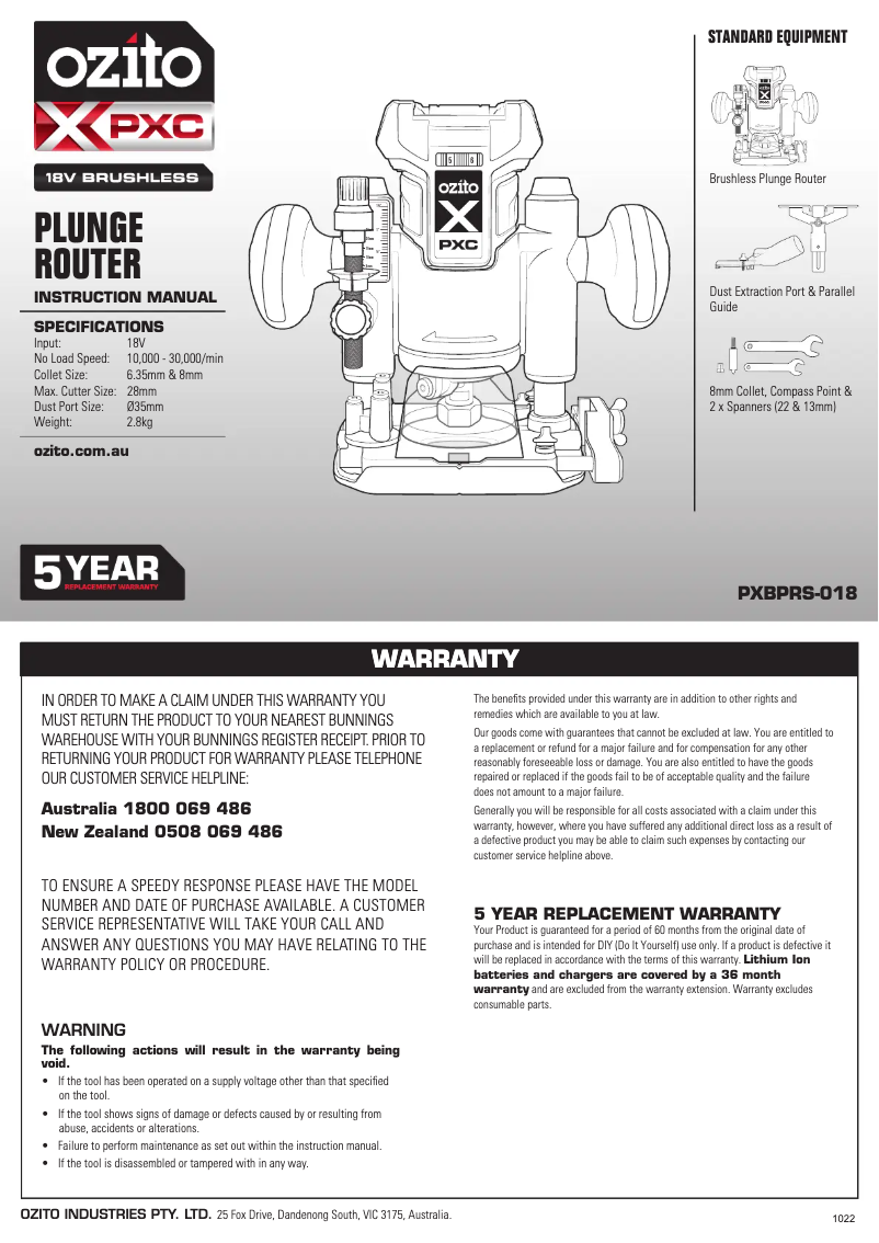 Page 1 de la notice Manuel utilisateur Ozito PXBPRS-018