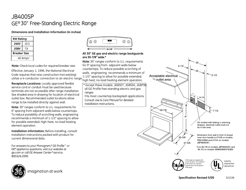 Página 1 del manual Ficha técnica GE JB400SPSS