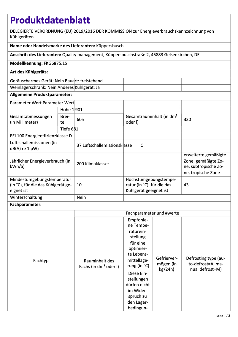 Page 1 de la notice Label énergétique Küppersbusch FKG6875.1S