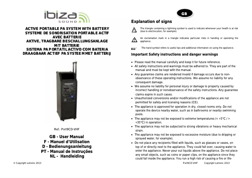 Page 1 de la notice Manuel utilisateur Ibiza Sound PORT9CD-VHF