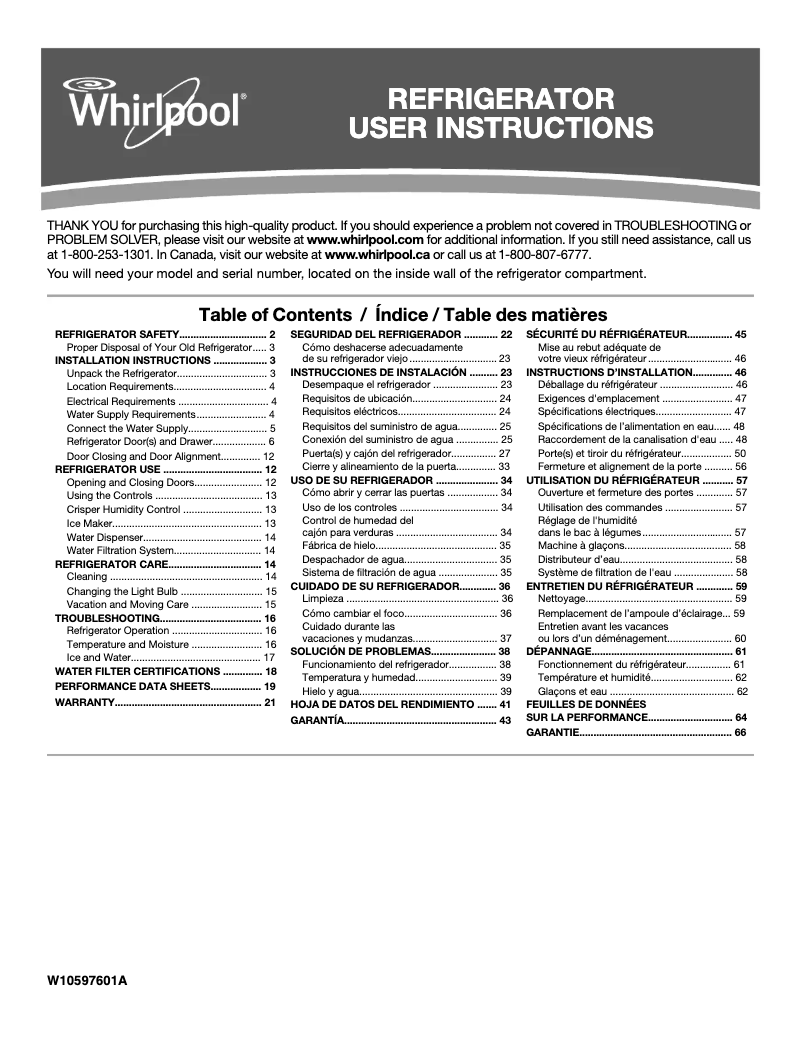 Page 1 de la notice Manuel d'utilisation et d'entretien Whirlpool WRB322DMBM