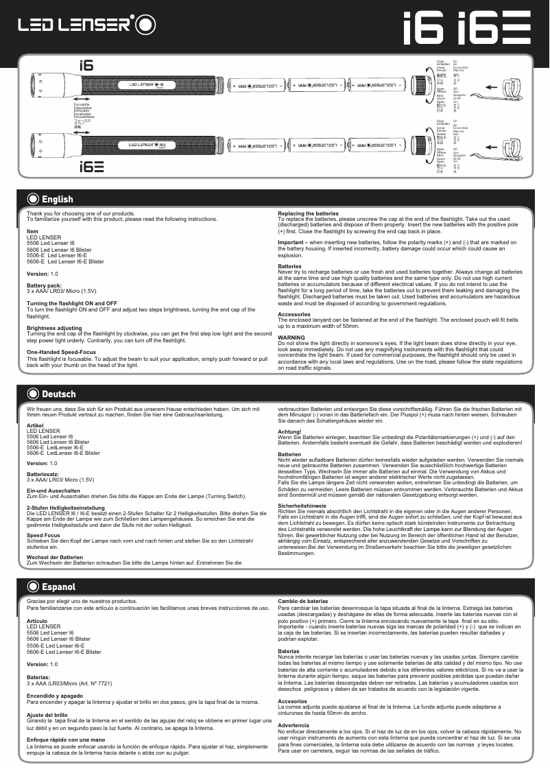 Page 1 de la notice Manuel utilisateur Ledlenser I6