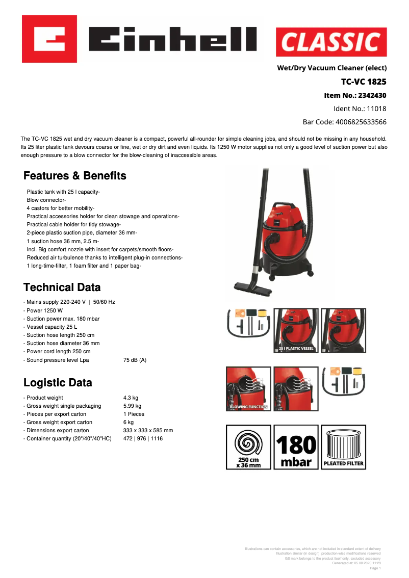 Página 1 del manual Ficha técnica Einhell TC-VC 1825